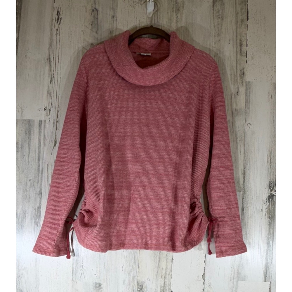J Jill Pullover XL Petite Pink Waffle Knit Cowl Neck Side Cinch Tie Sweater